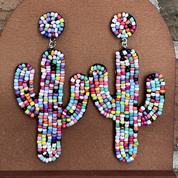 Red Saguaro Trading Post Jewelry - Beaded Saguaro Cactus Earrings - Multicolor